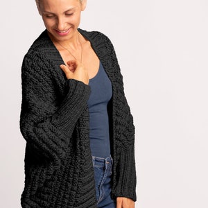 Black chunky knit wool cardigan in plus size, more colours available