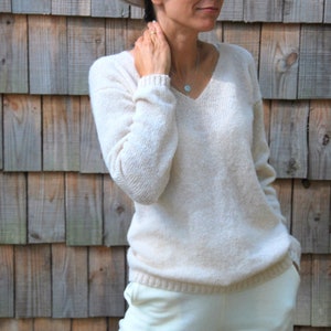 Off white alpaca silk pullover, wedding white silk alpaca jacket, v shape silk pullover, soft alpaca silk shrug, white alpaca sweater