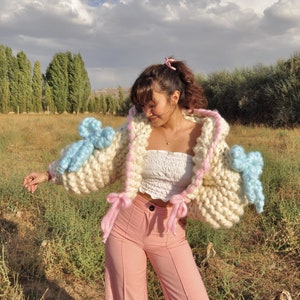 Handmade Hooded Crop Cardigan, Chunky Oversized Knitwear, 100% Merino Wool, Pastel Harajuku Style, Cottagecore Fashion