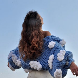 Handmade Cloud Knit Cardigan, Chunky Oversized Knitwear with Clouds, Balloon Sleeves, Merino Wool, Christmas Gift, Perfect for Christmas
