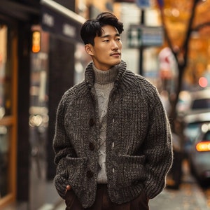 Handcrafted Chunky Knit Cardigan, Men's Cozy Wool Cardigan, Artisanal Winter Outerwear, Sustainable Fashion Piece, Unique Gift for Him